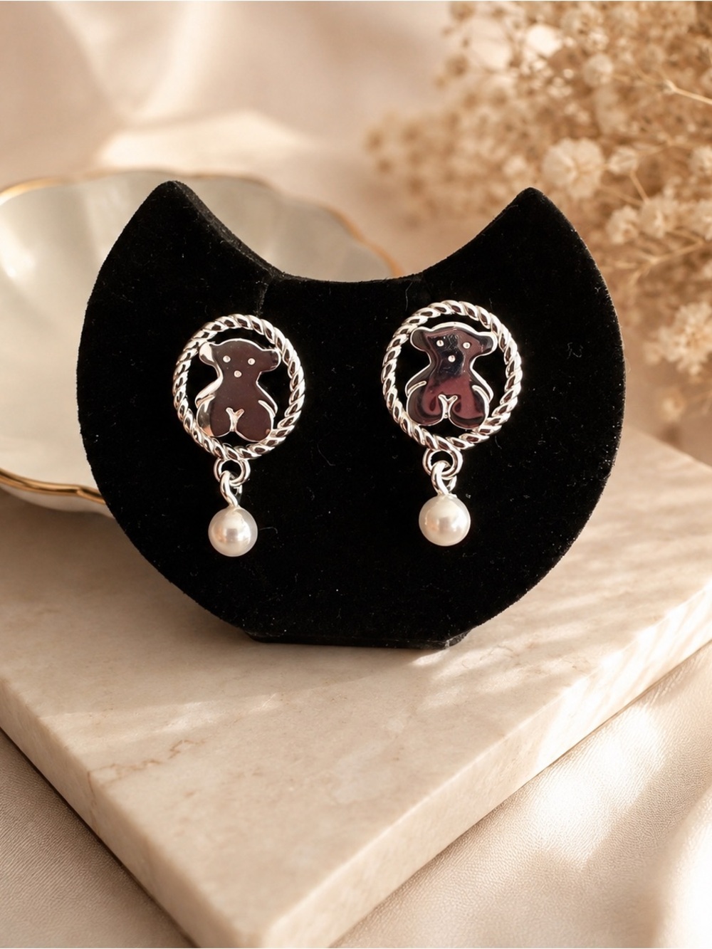 Elegant Silver and Gold Bear Earrings with  Drop 925